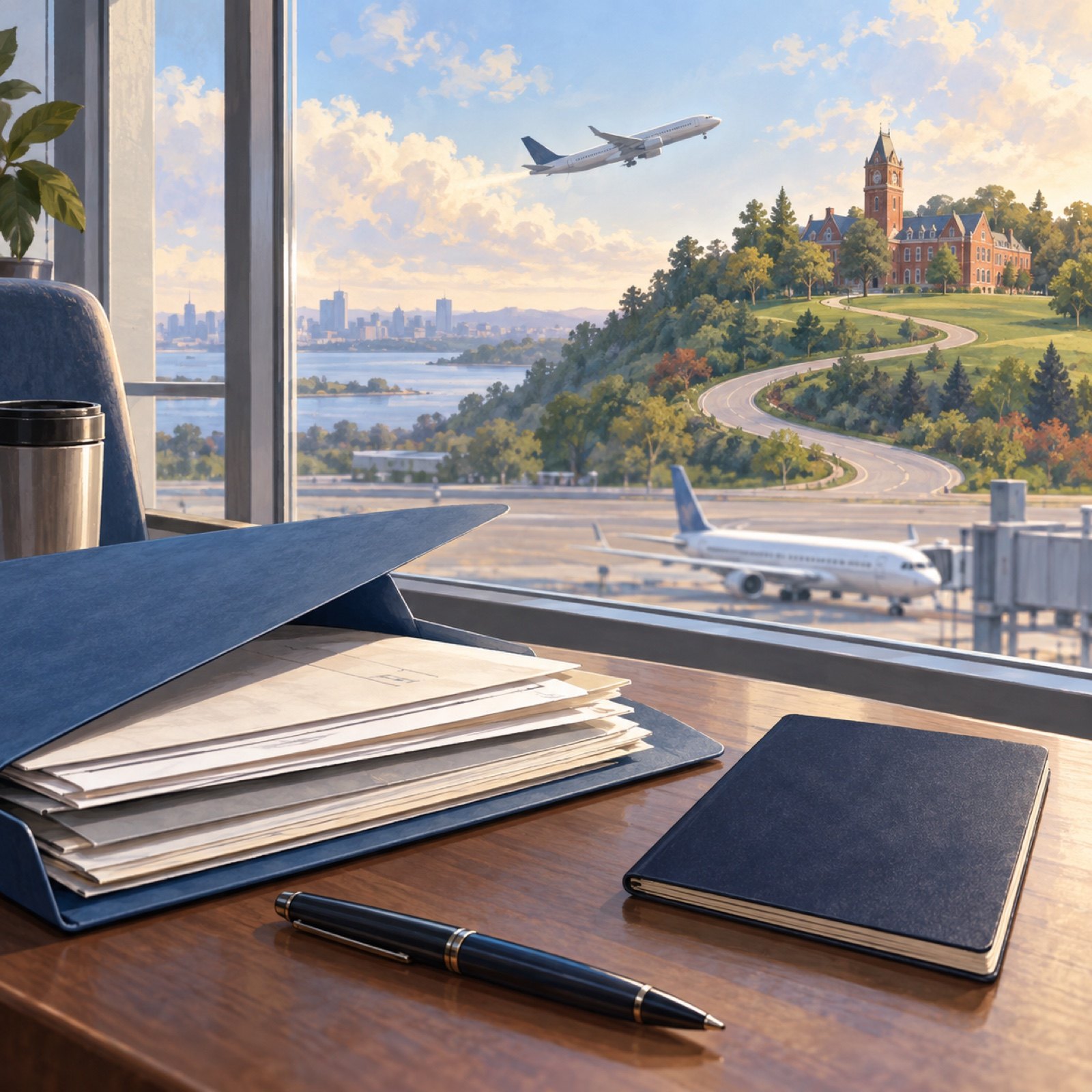 Illustration of university application papers and an airport, with a winding road toward a campus